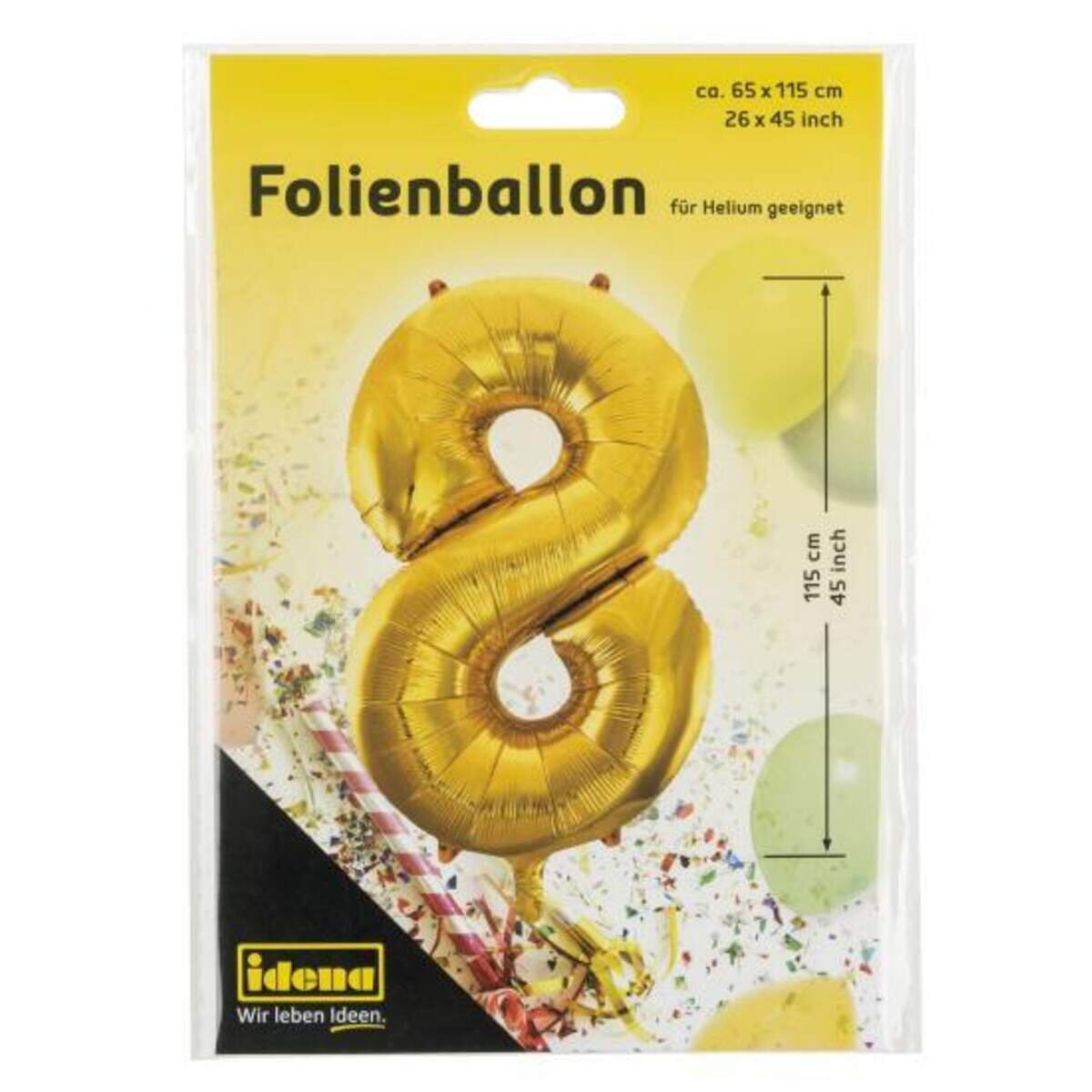 Idena Folienballon "8", 65 x 115 cm, für Helium geeignet, gold