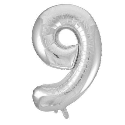 Idena Folienballon "9", 65 x 105 cm, für Helium geeignet, silber