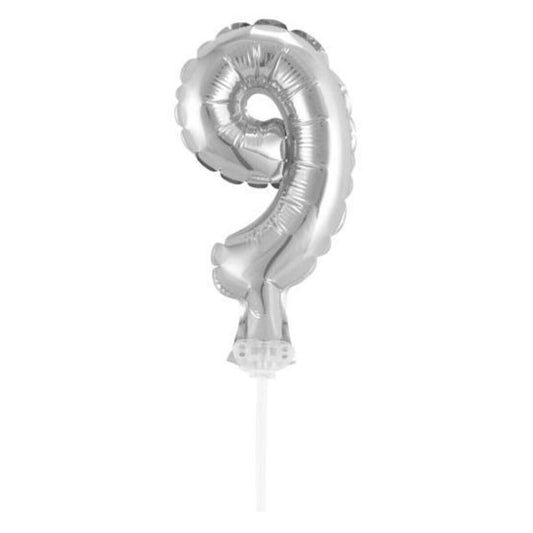 Gesperrt BL Idena Folienballon "9" mit Stab, 13 cm, für Luft geeignet, silber