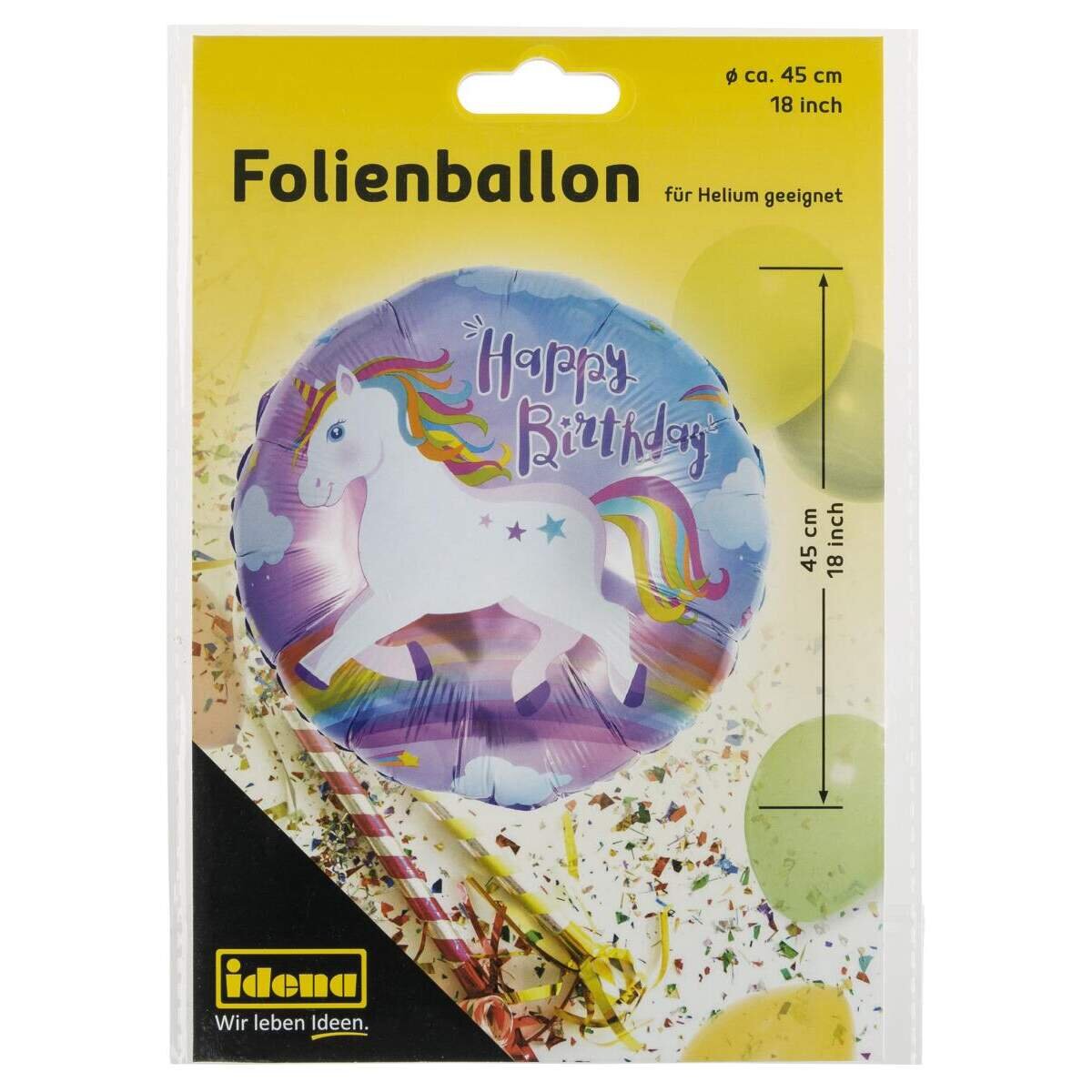 Idena Folienballon Happy Birthday Einhorn 45 cm