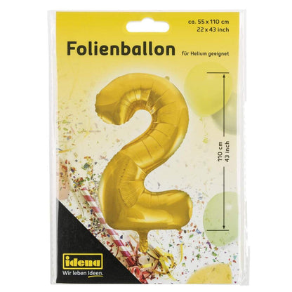 Idena Folienballon "2", 55 x 110 cm, für Helium geeignet, gold