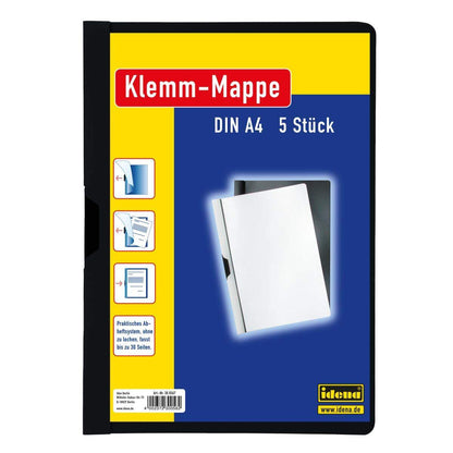 Idena Klemm-Mappen, DIN A4, 5 Stück, mit transparentem Deckel, schwarz