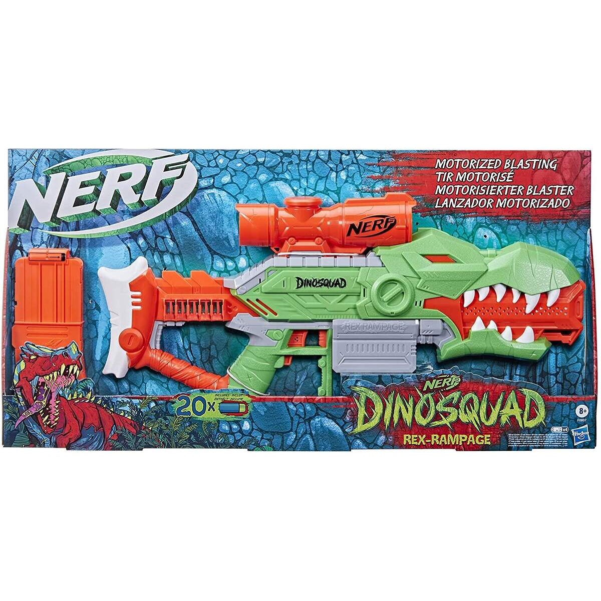 Nerf DinoSquad Rex-Rampage motorisierter Blaster, 10-Dart Clip-Magazin