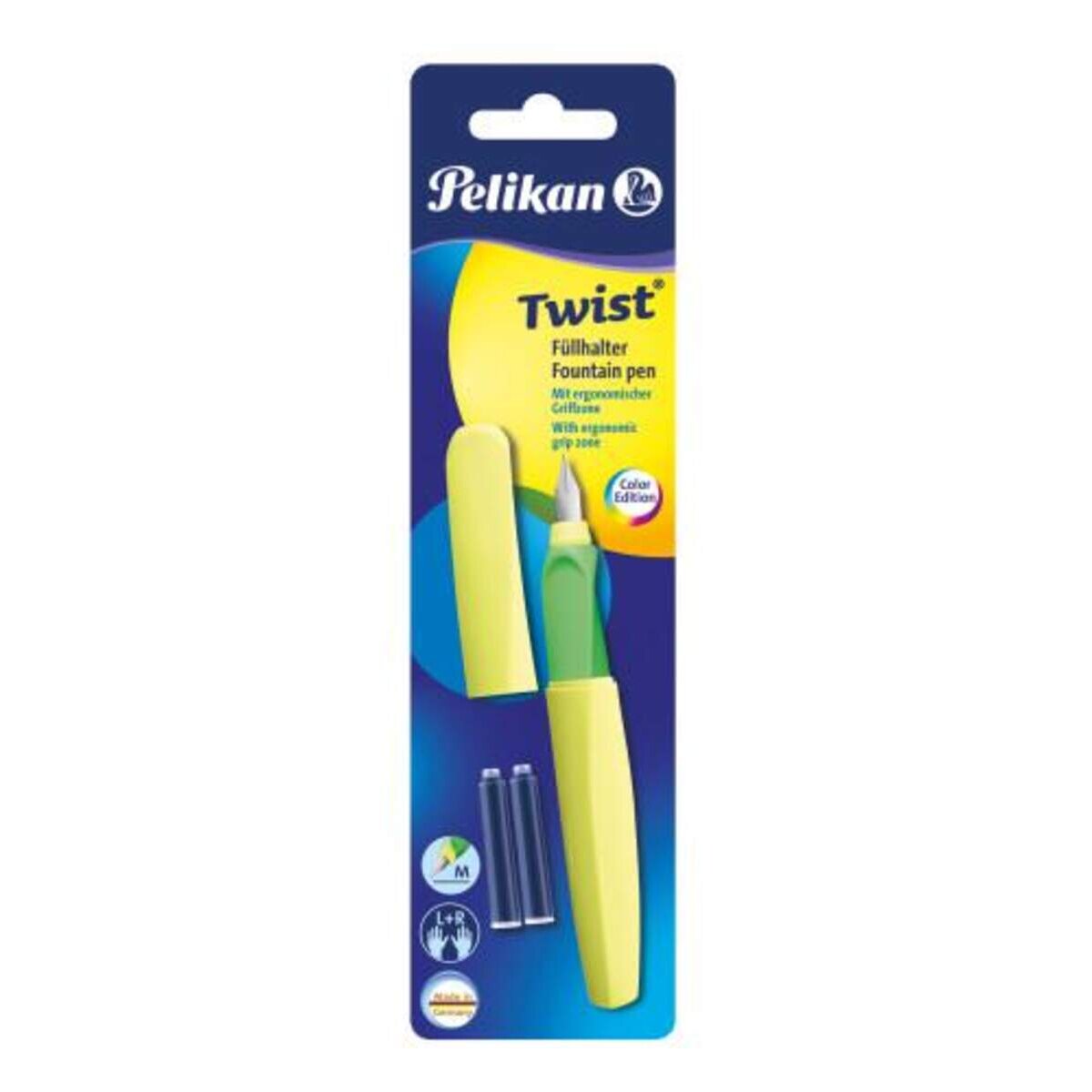 Pelikan Twist® Füller Feder M, Neon Gelb, universell für Rechts- und Linkshänder, Blisterkarte